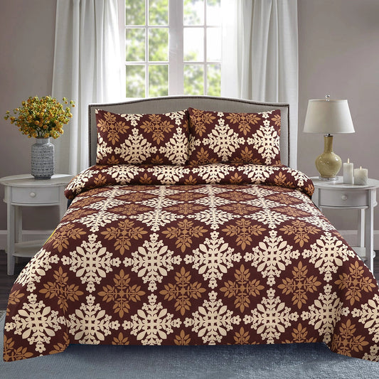 3 Piece - Brown and White Floral Printed Bed Sheet Set - 3130