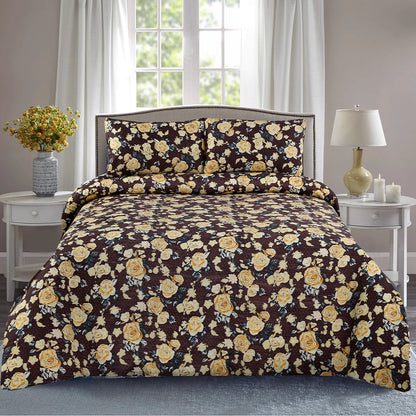 6 Piece -  Brown and Gold Floral Printed Duvet Cover Set