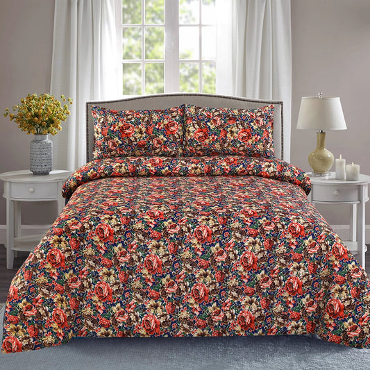 3 Piece - Red, Orange, and Blue Floral Printed Bed Sheet Set - 3128