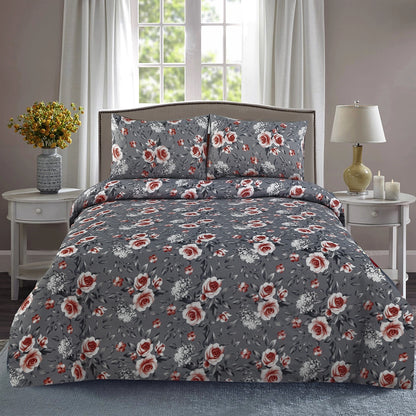 6 Piece - Gray Floral with Red and White Accents Printed Duvet Cover Set