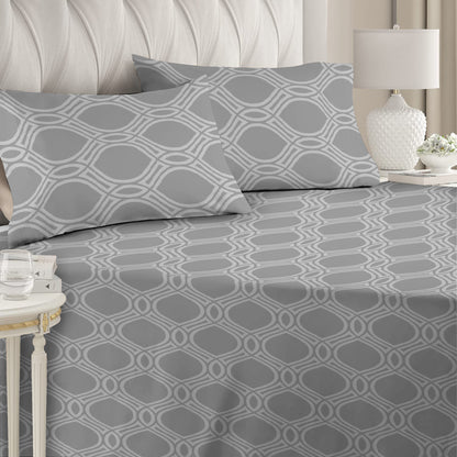 3 Piece - Grey Eyelet Printed Bed Sheet Set - 3155