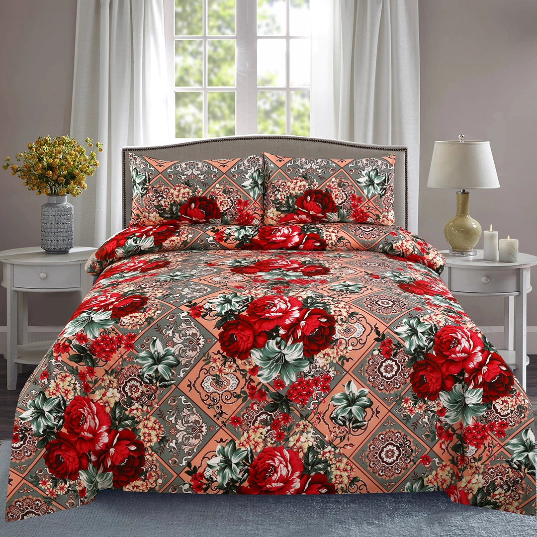 6 Piece - Red, Gray, and Peach Floral & Geometric Printed Duvet Cover Set