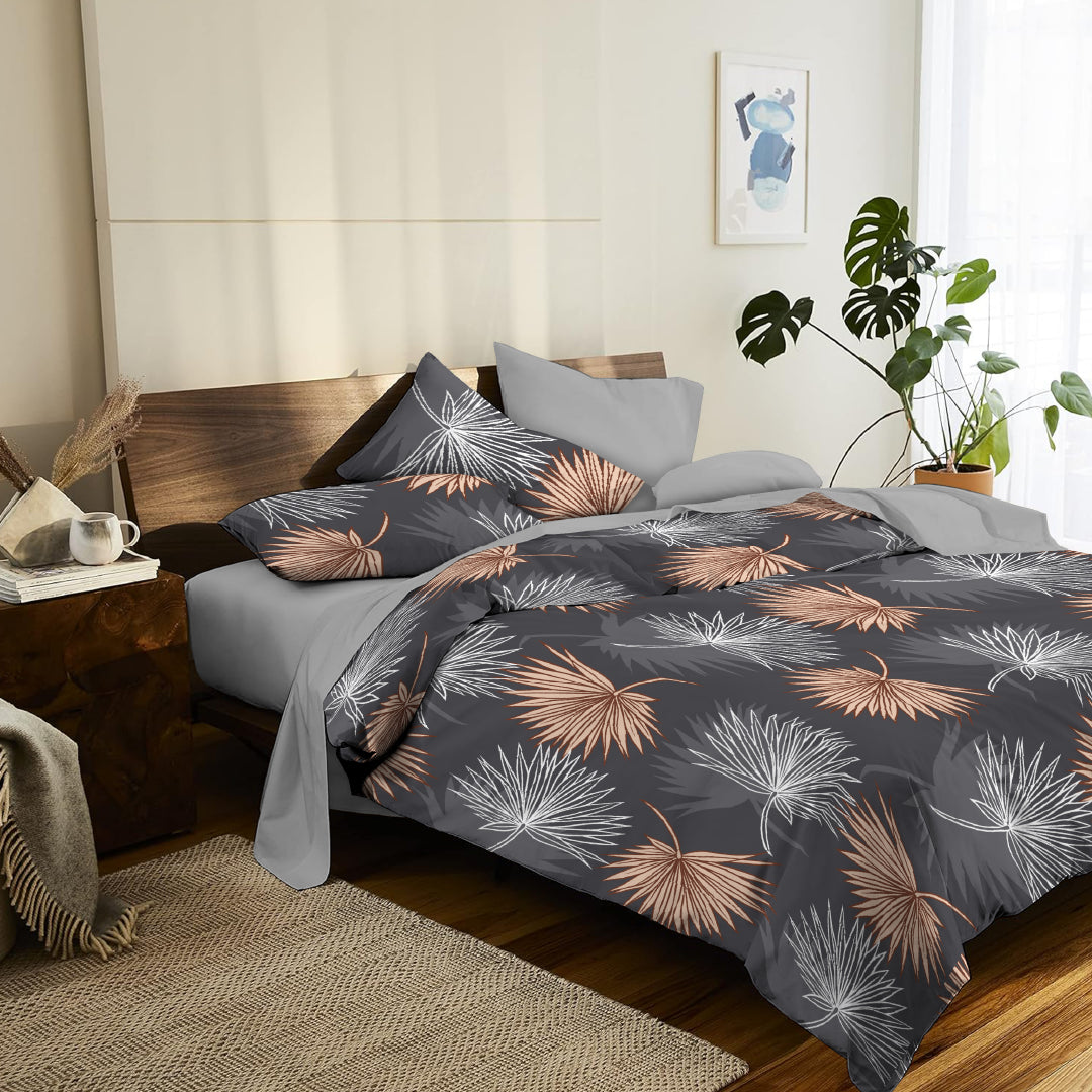 6 Piece - Grey Mapel Leaves Printed - Comforter Set