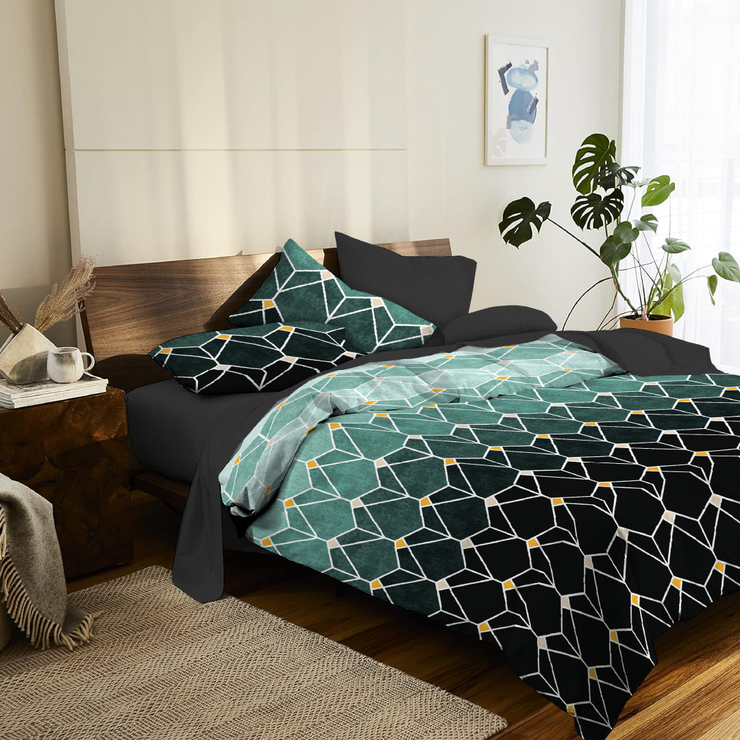 6 Piece -  Teal Gradient Geometric Checked Printed - Comforter Set