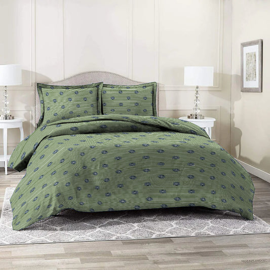 6 Piece - Green Stripe and Flower Printed Duvet Cover Set