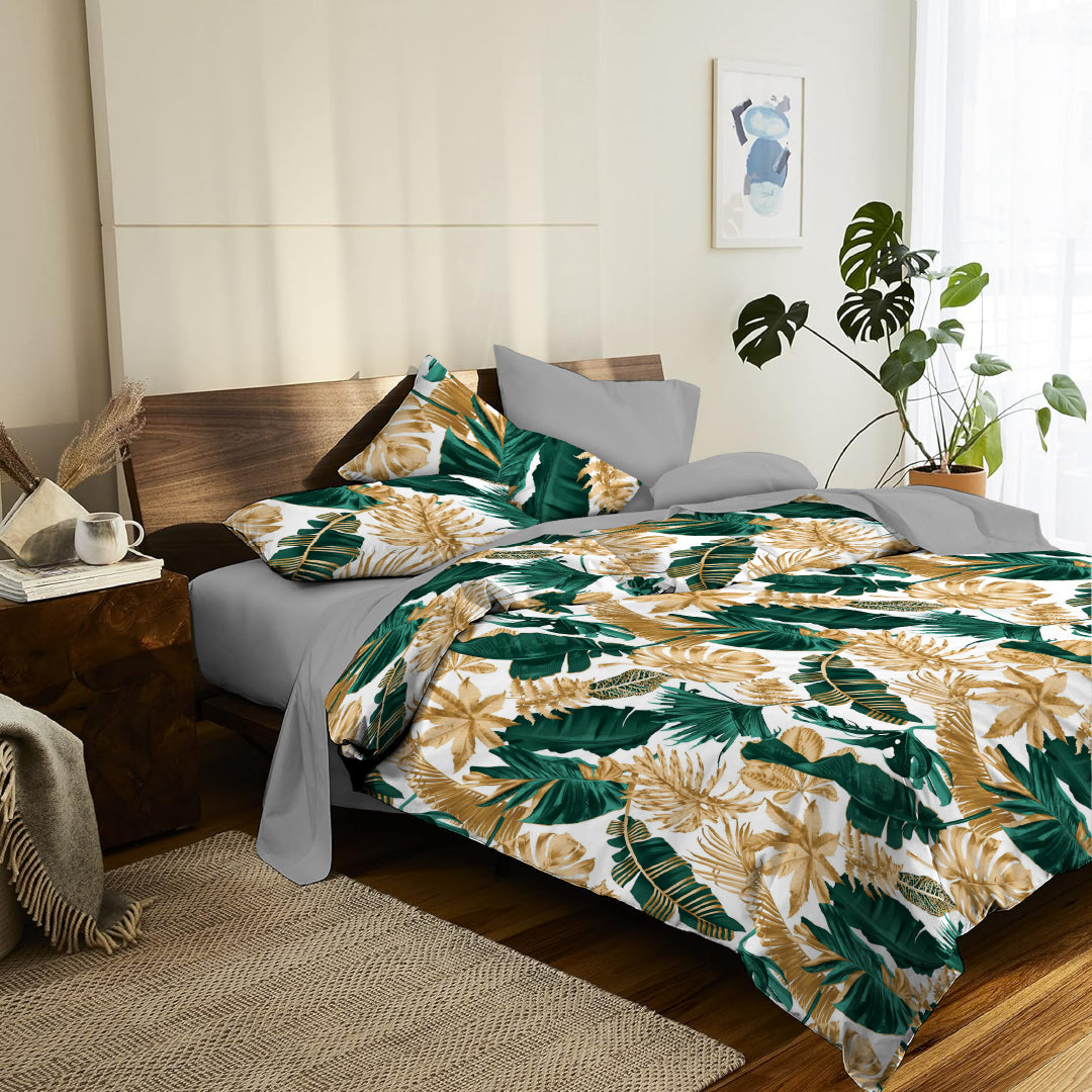 6 Piece - Monstera Turq Golden white Printed - Comforter Set