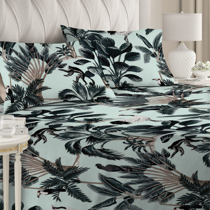 3 Piece - Tropical Leaves Printed Ash Grey Bed Sheet Set - 3012