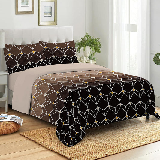 3 Piece - Brown Gradient Geometric Checked Bed Sheet - 3029