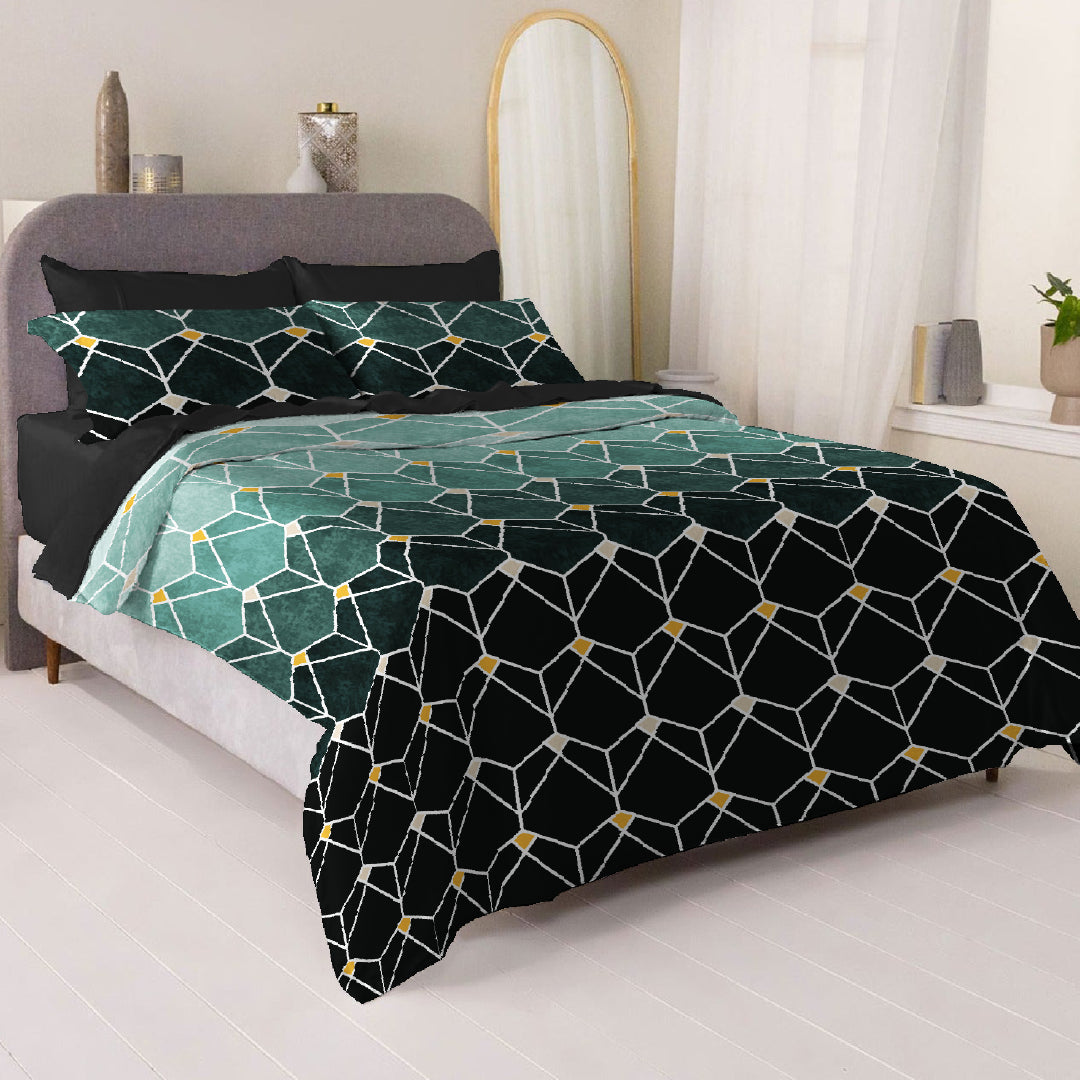 6 Piece -  Teal Gradient Geometric Checked Printed - Comforter Set