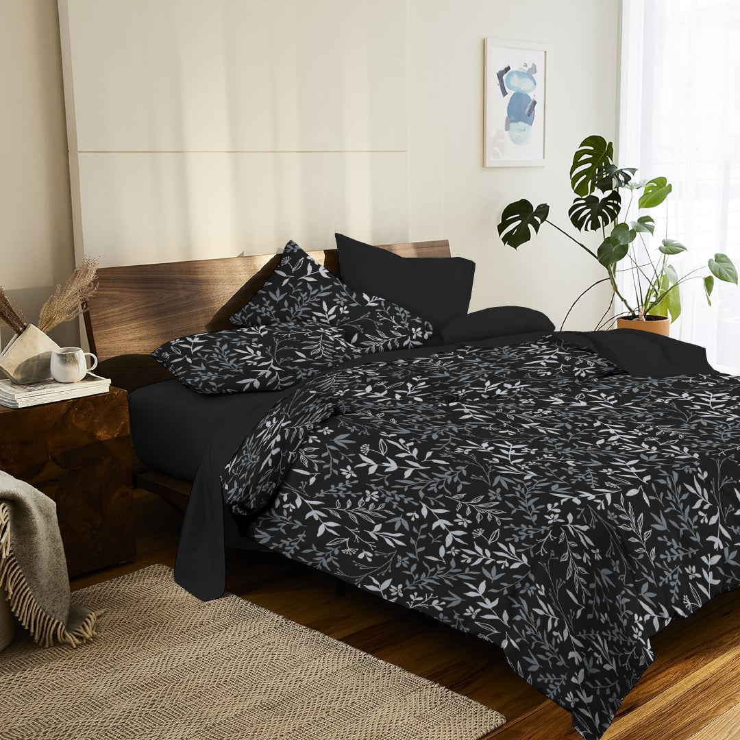 6 Piece - Black Ash Rowan Leaf Printed - Comforter Set