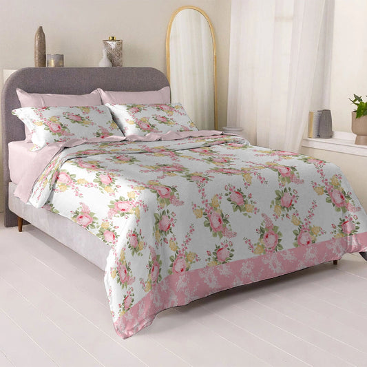 6 Piece - Elegant Pink Rose Printed - Comforter Set