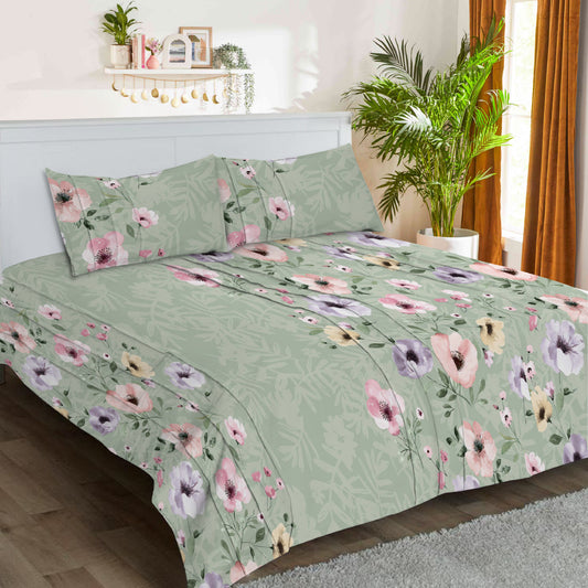 3 Piece - Grey Olive Floral Printed Bed Sheet - 3033