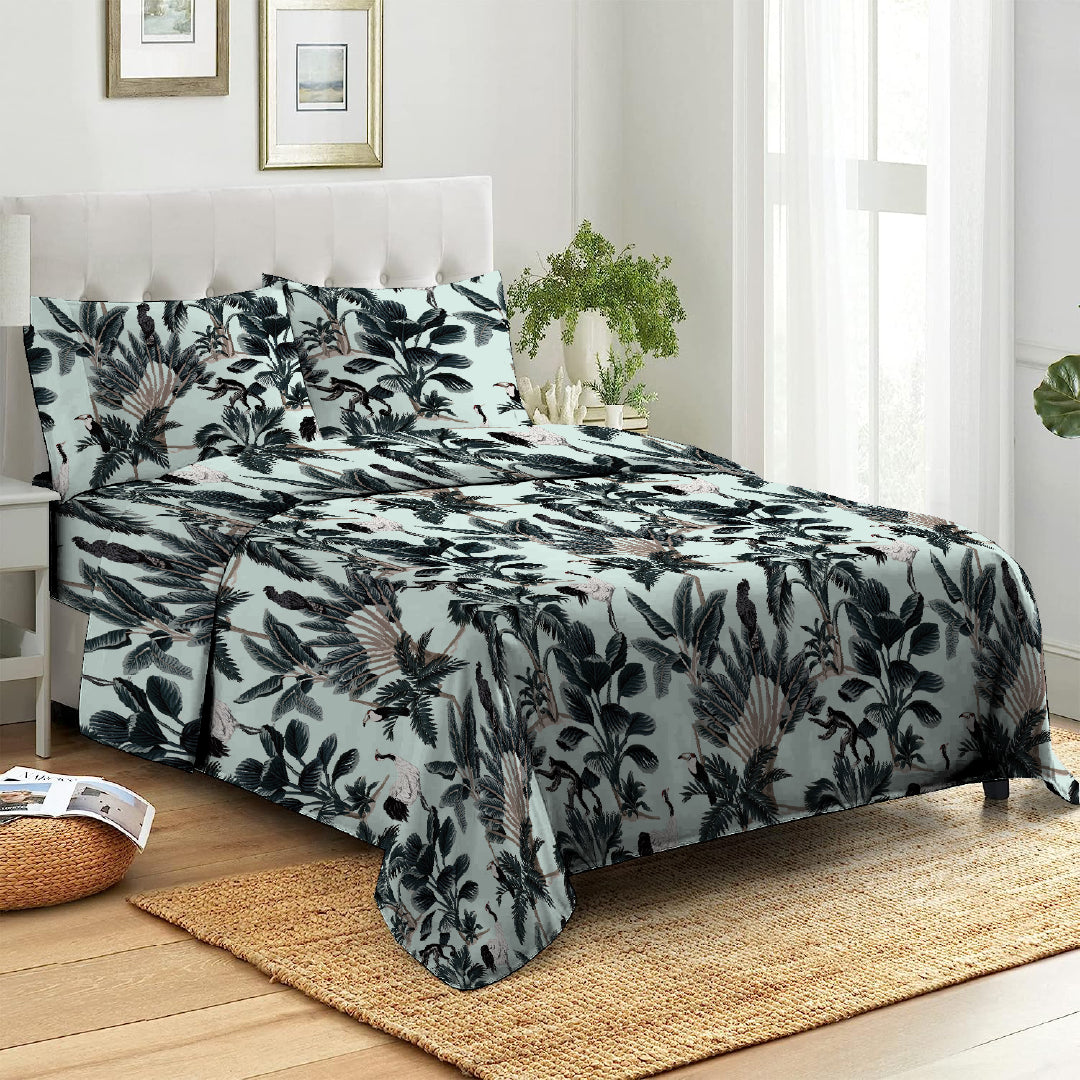 3 Piece - Tropical Leaves Printed Ash Grey Bed Sheet Set - 3012