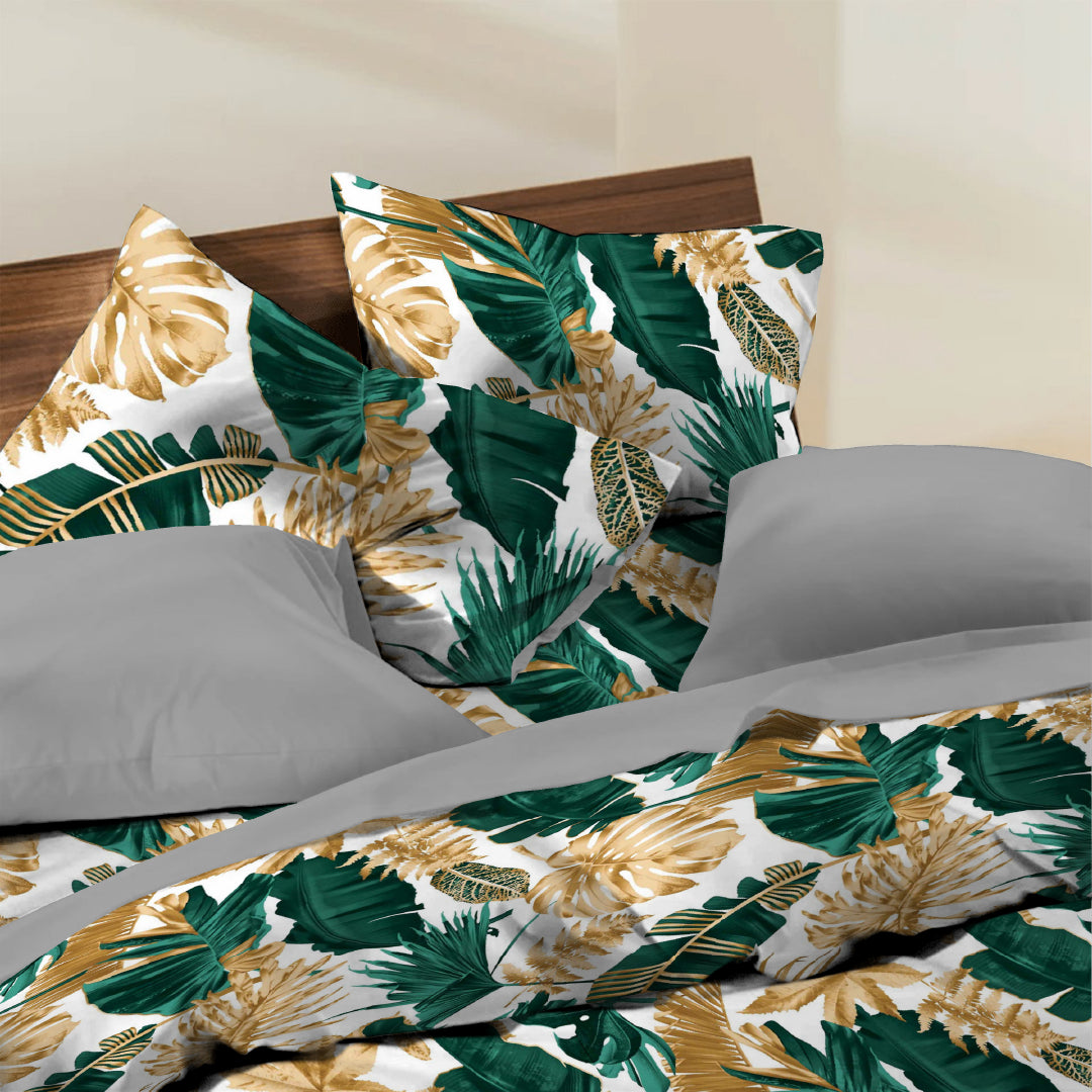 6 Piece - Monstera Turq Golden white Printed - Comforter Set