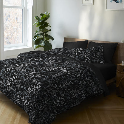 6 Piece - Black Ash Rowan Leaf Printed - Comforter Set