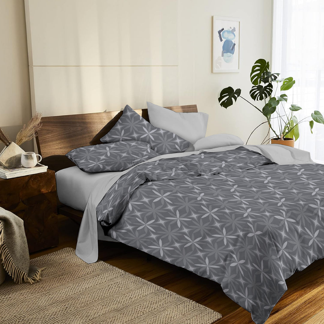 6 Piece - Dark Grey Flower Printed - Comforter Set