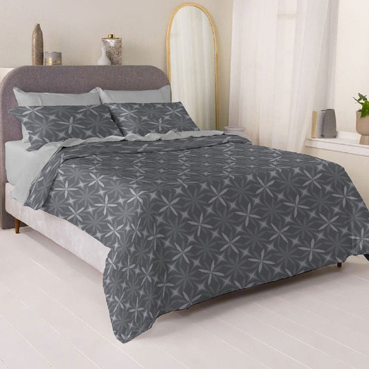 6 Piece - Dark Grey Flower Printed - Comforter Set