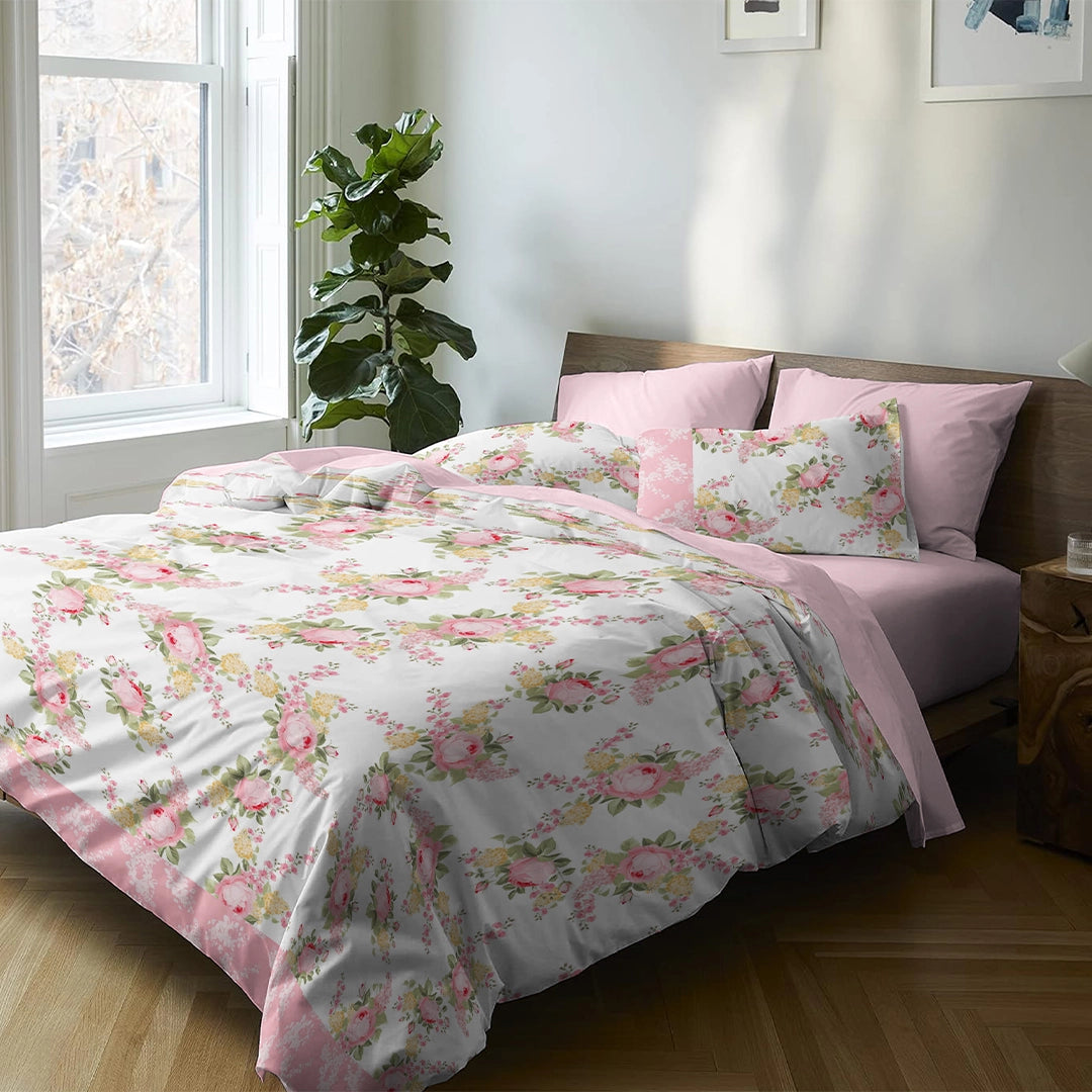 6 Piece - Elegant Pink Rose Printed - Comforter Set