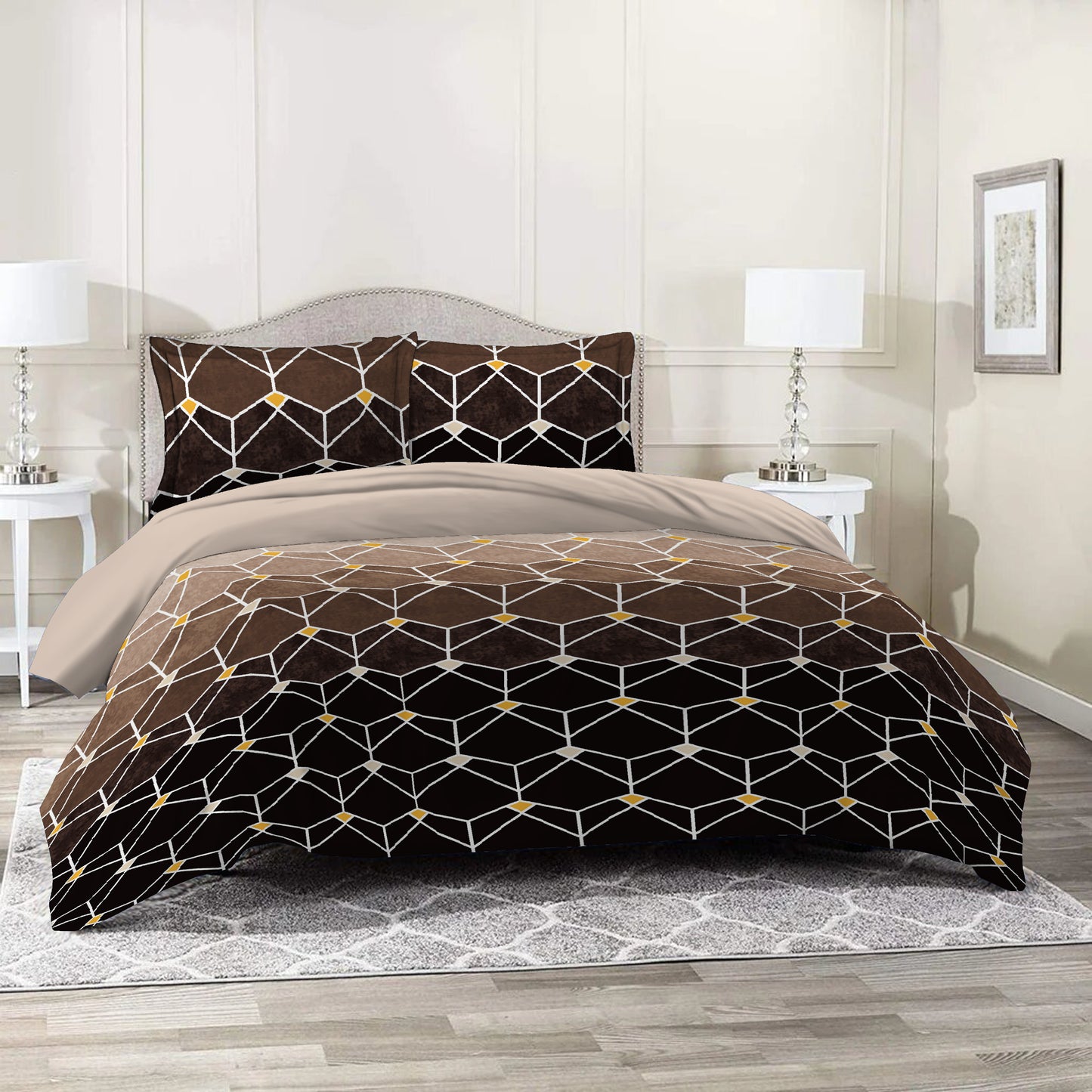 6 Piece - Brown Gradient Geometric Checked Duvet Cover Set