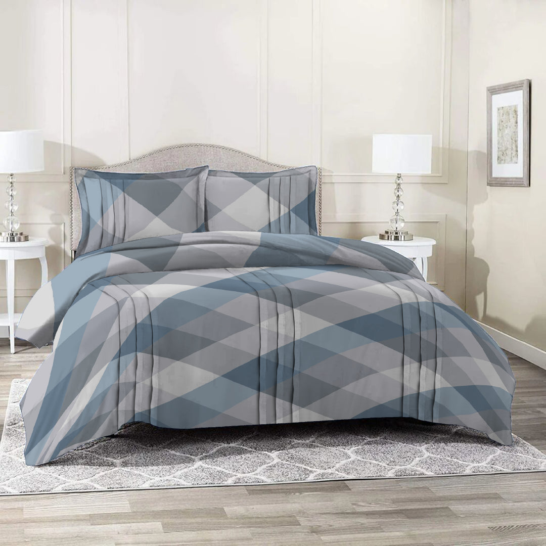 6 Piece - Checked Blue & Beige Printed Duvet Cover Set