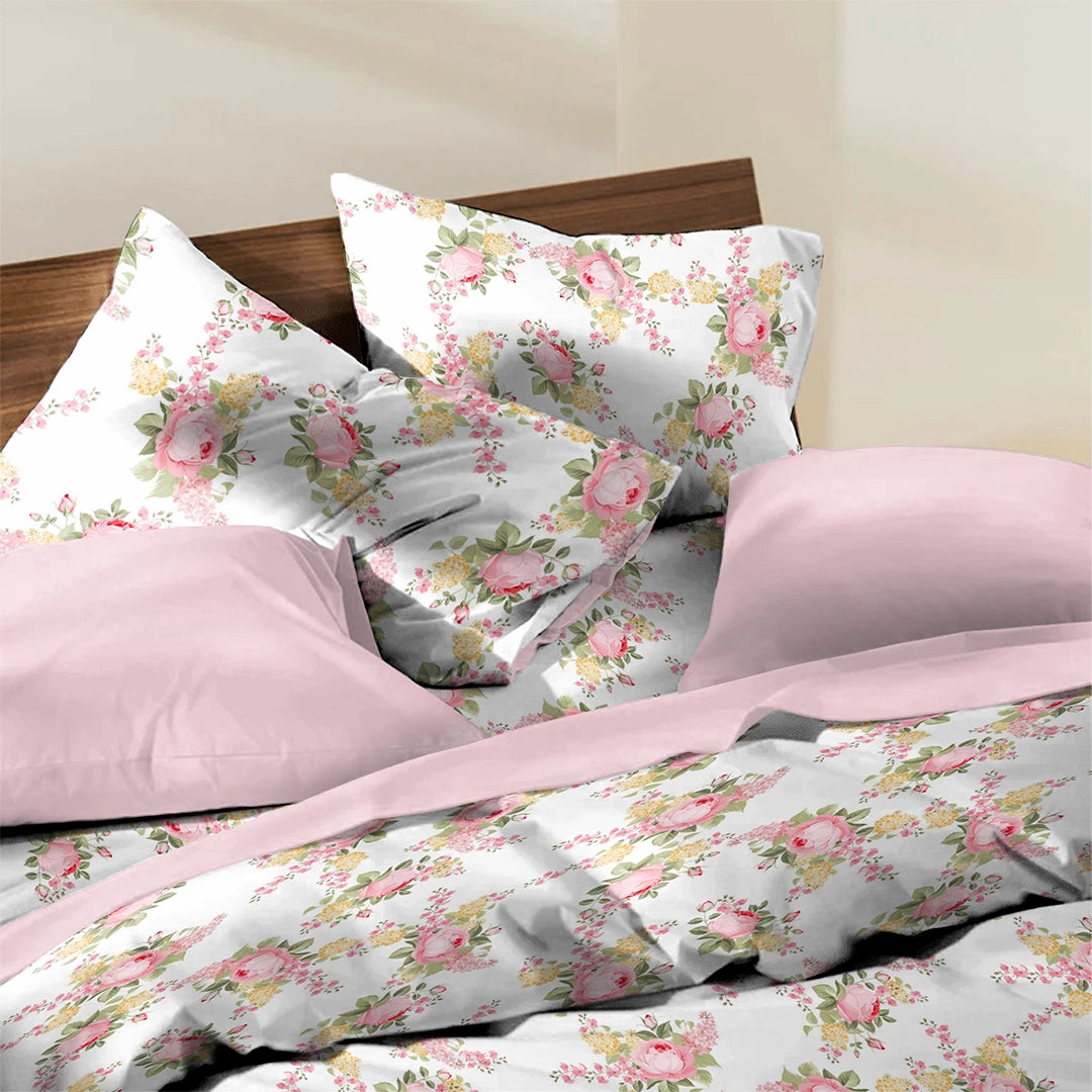 6 Piece - Elegant Pink Rose Printed - Comforter Set