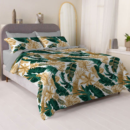 6 Piece - Monstera Turq Golden white Printed - Comforter Set