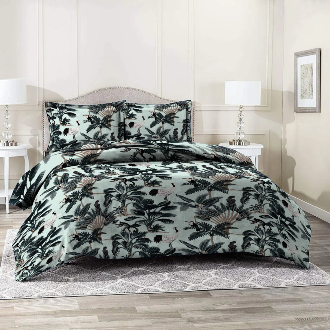 3 Piece - Tropical Leaves Printed Ash Grey Bed Sheet Set - 3012