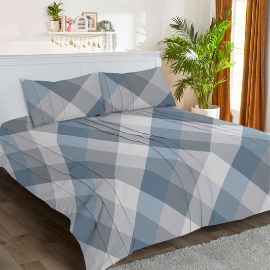 3 Piece - Checked Blue & Beige Printed Bed Sheet - 3039