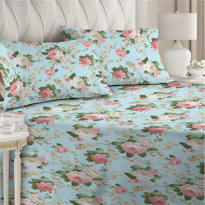 6 Piece - Grand Rose Aqua Printed Duvet Cover Set