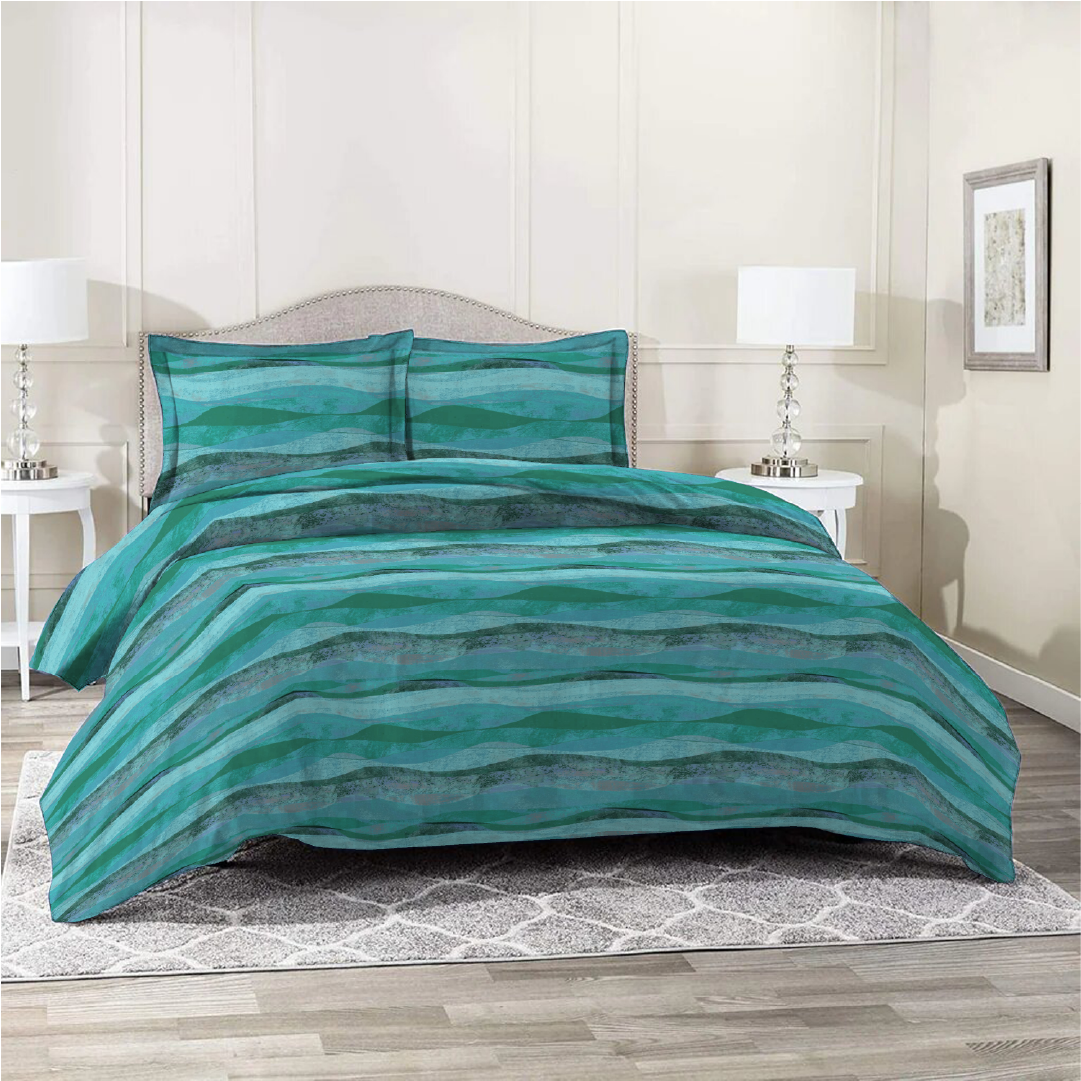 3 Piece - Waved Patteren Teal Printed Bed Sheet Set - 2094