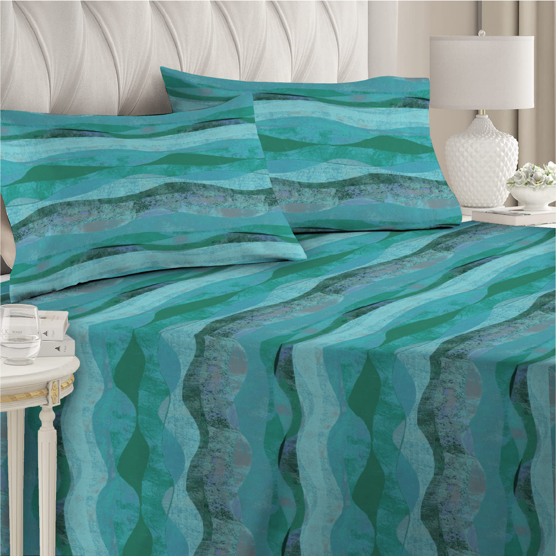 3 Piece - Waved Patteren Teal Printed Bed Sheet Set - 2094