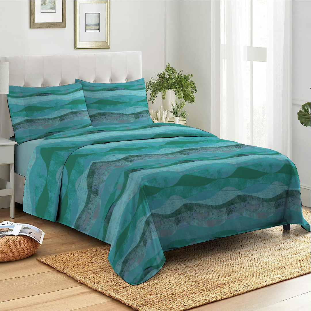 3 Piece - Waved Patteren Teal Printed Bed Sheet Set - 2094