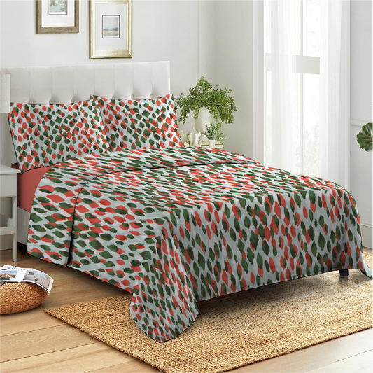 3 Piece - Leopard Patterned Green Printed Bed Sheet Set - 2086