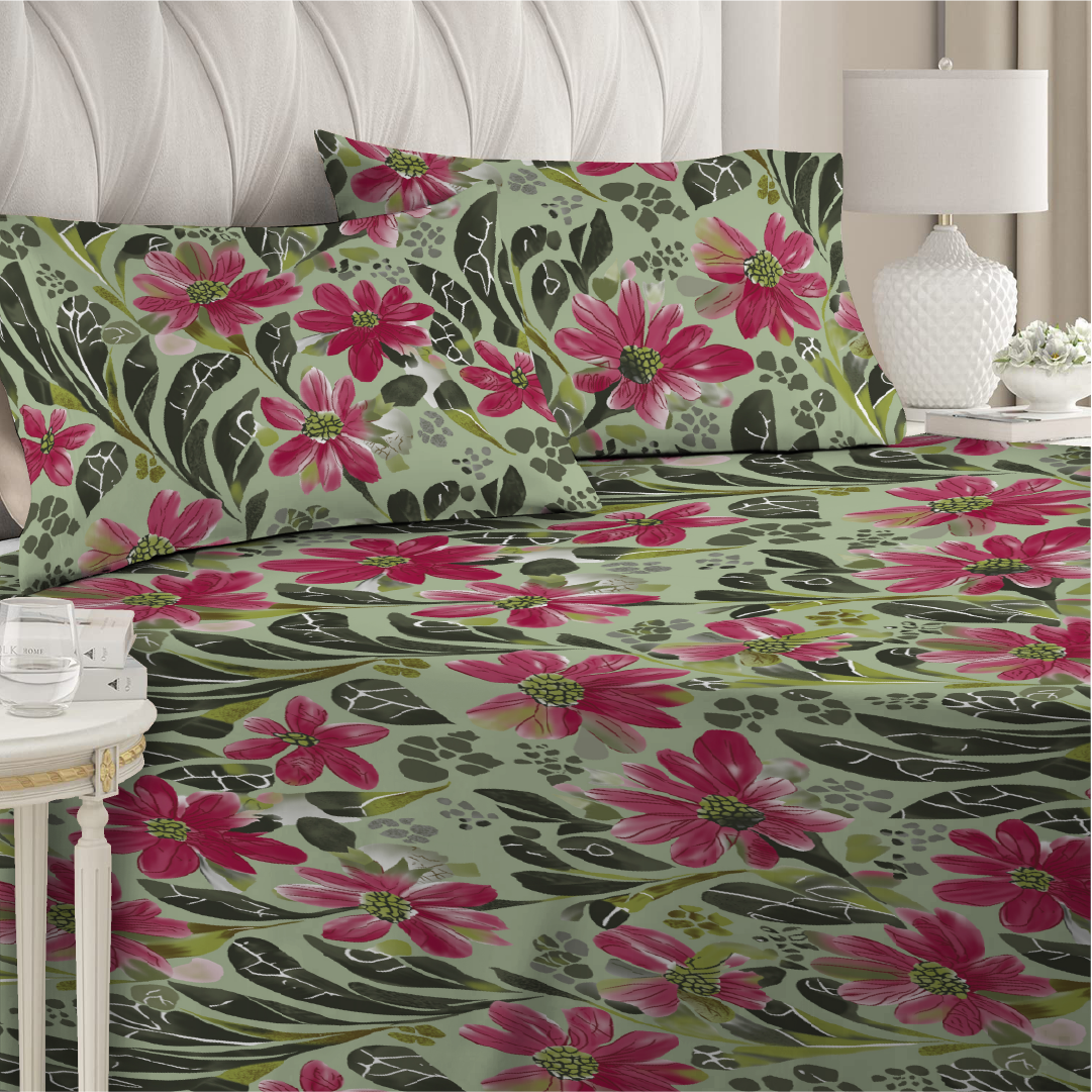 6 Piece - Rusberry Rose Floral Printed Duvet Cover Set