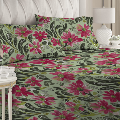 6 Piece - Rusberry Rose Floral Printed Duvet Cover Set