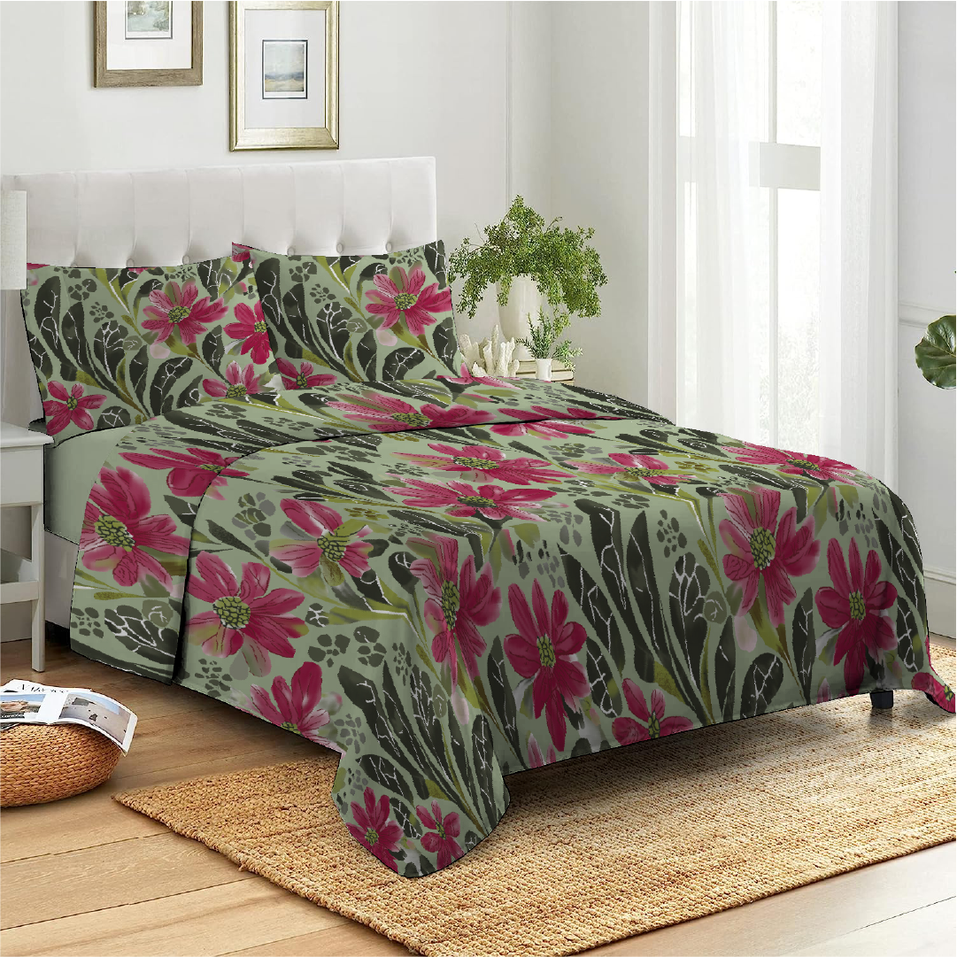 6 Piece - Rusberry Rose Floral Printed Duvet Cover Set