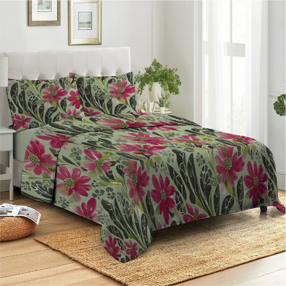 6 Piece - Rusberry Rose Floral Printed Duvet Cover Set