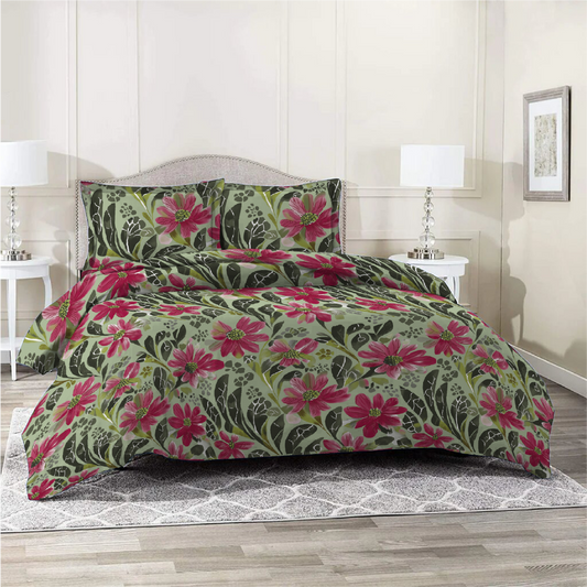 6 Piece - Rusberry Rose Floral Printed Duvet Cover Set