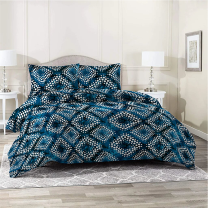 3 Piece - Tie and Die Patterened Blue Printed Bed Sheet Set - 2089