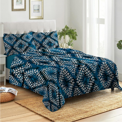 3 Piece - Tie and Die Patterened Blue Printed Bed Sheet Set - 2089