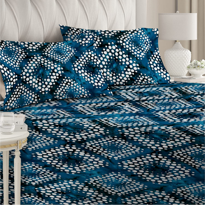 3 Piece - Tie and Die Patterened Blue Printed Bed Sheet Set - 2089