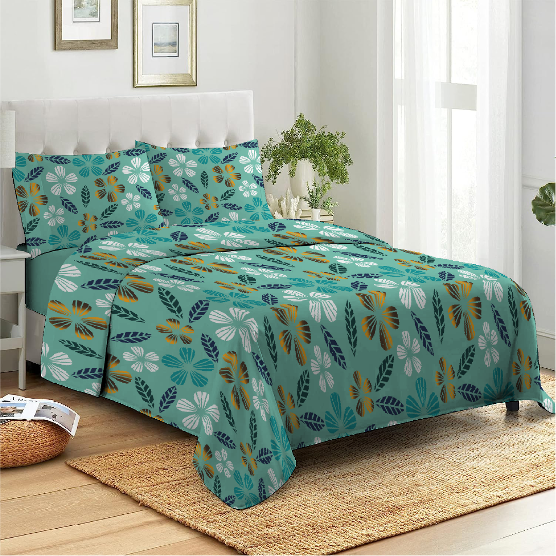 6 Piece - Turquoise Flowered Printed Duvet Cover Set