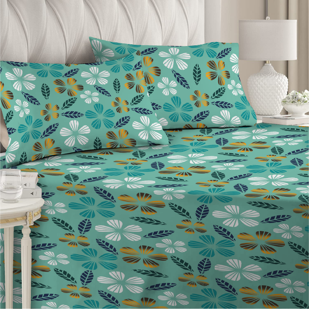 6 Piece - Turquoise Flowered Printed Duvet Cover Set