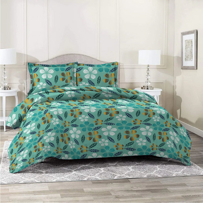 6 Piece - Turquoise Flowered Printed Duvet Cover Set