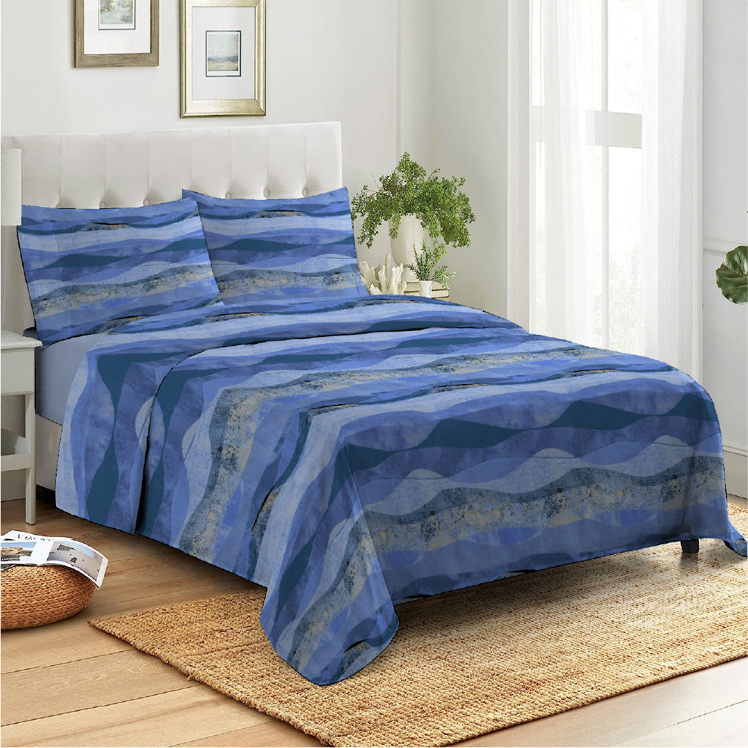 3 Piece - Waved Patteren Blue Printed Bed Sheet Set - 2093