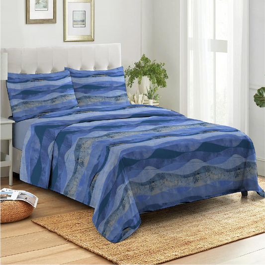 3 Piece - Waved Patteren Blue Printed Bed Sheet Set - 2093