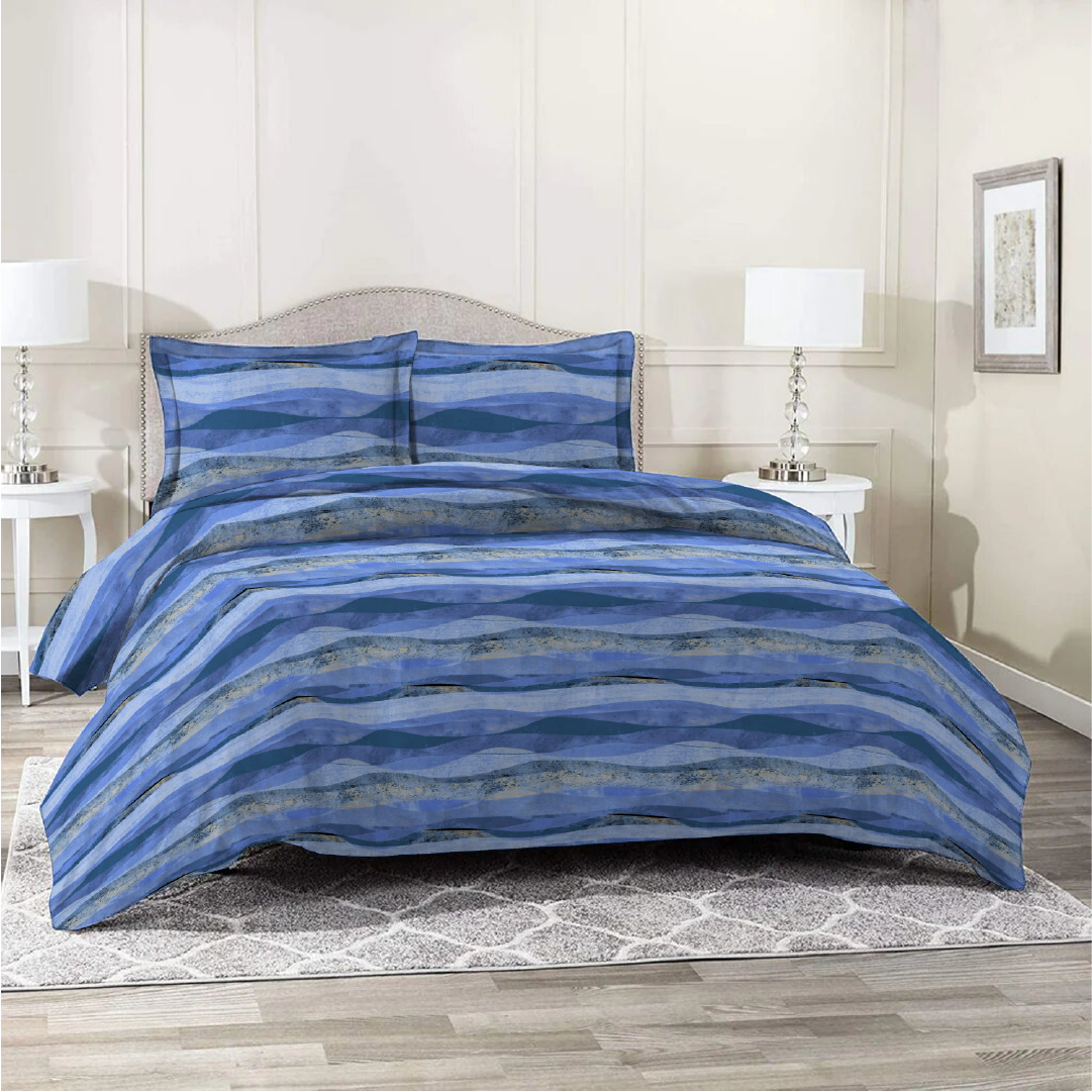 3 Piece - Waved Patteren Blue Printed Bed Sheet Set - 2093