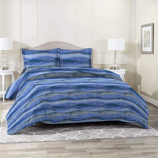 6 Piece - Waved Patteren Blue Printed Duvet Cover Set