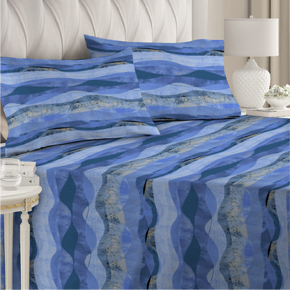 3 Piece - Waved Patteren Blue Printed Bed Sheet Set - 2093