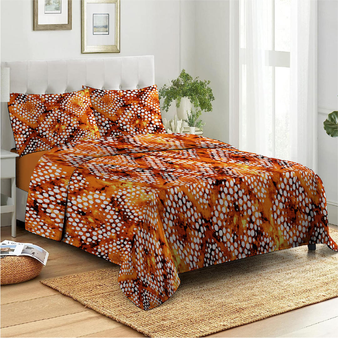 3 Piece - Tie and Die Patterned Orange Printed Bed Sheet Set - 2090